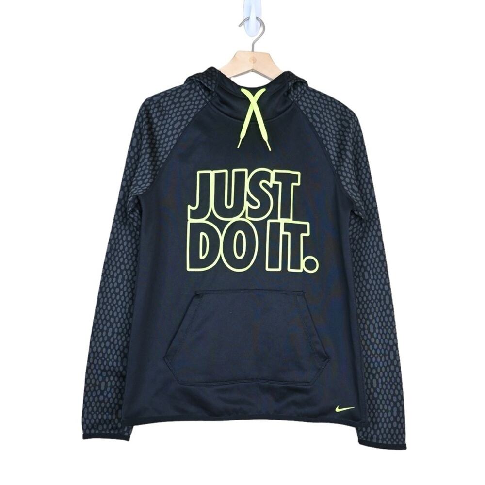 Nike Womens S Therma Fit Just Do It Black Yellow Oversized Pullover Hoodie